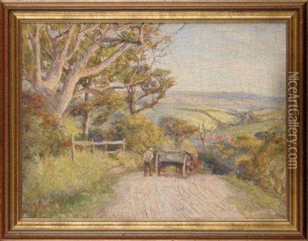 A Horsecart On A Country Lane Descending Towards A North Yorkshire Village Oil Painting - Robert Jobling