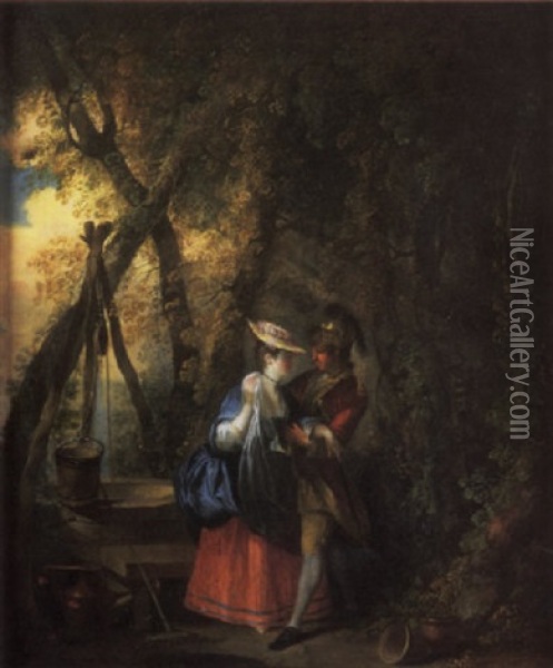 A Gentleman Courting A Lady By A Well In A Wooded Landscape Oil Painting - Sigmund Freudenberger
