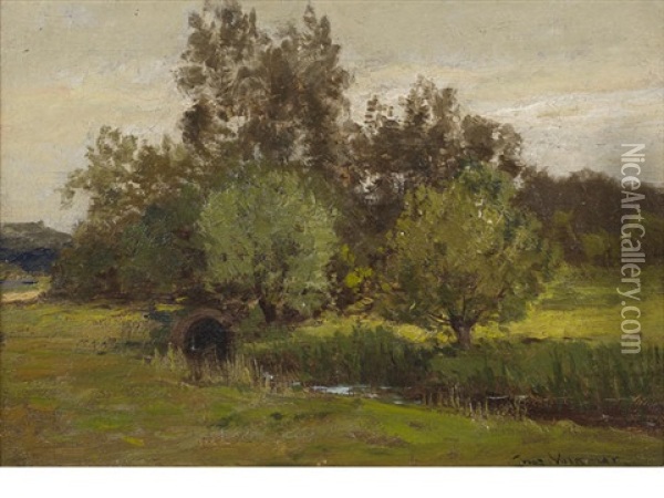 Landscape With Trees And Stream, Gentilly Oil Painting - Charles Volkmar