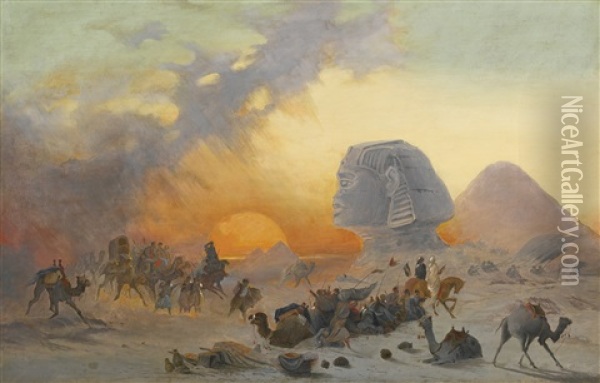 A Caravan Fleeing From A Desert Simoom Near The Sphinx Oil Painting - Ippolito Caffi