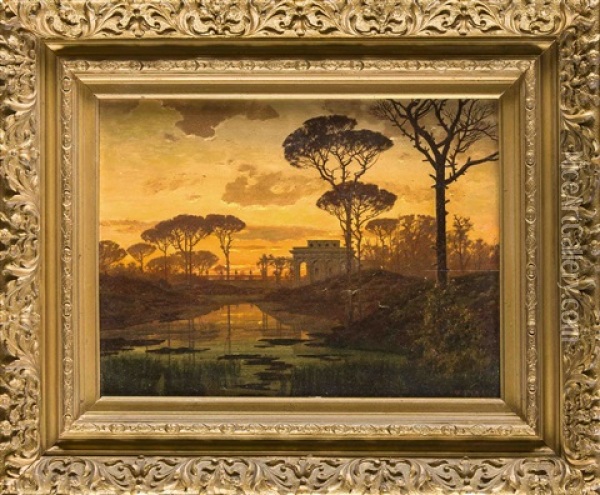 Italienische Landschaft Mit Blick Auf Einen Park Im Abendlicht Oil Painting - Ferdinand Knab