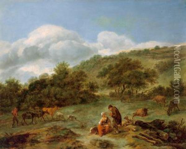 Imitatore Del Xviii Secolo Coppia Di Pastori In Un Paesaggio Oil Painting - Nicolaes Berchem