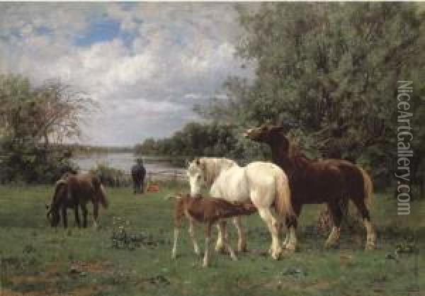 Horses At Pasture Oil Painting - Luigi Chialiva
