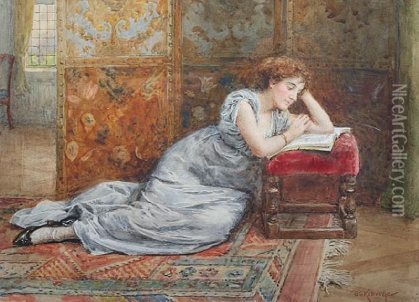 'the Thick Of The Plot', An Elegant Ladyreading Oil Painting - George Goodwin Kilburne