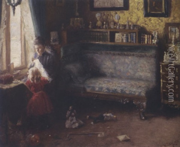 Interior With Mother & Child Oil Painting - Carl Christian Ferdinand Wentorf