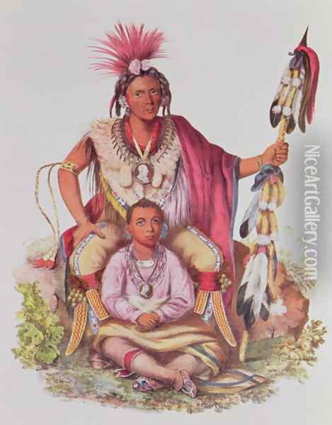 Keokuk or Watchful Fox Chief of the Sauks and Foxes and his Son Musewont or Long haired Fox Oil Painting - Charles Bird King