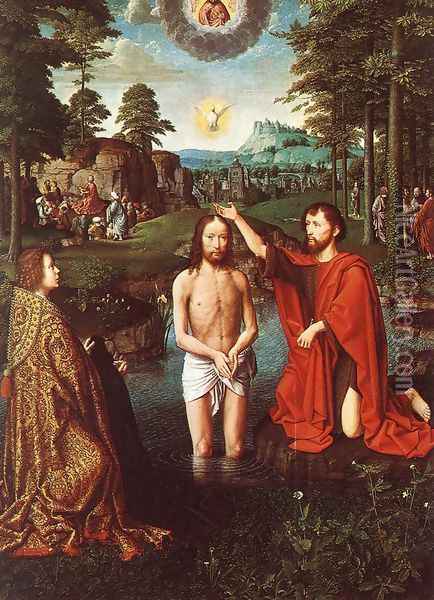 The Triptych of Jean Des Trompes (central panel depicting the baptism of Christ) 1505 Oil Painting - Gerard David
