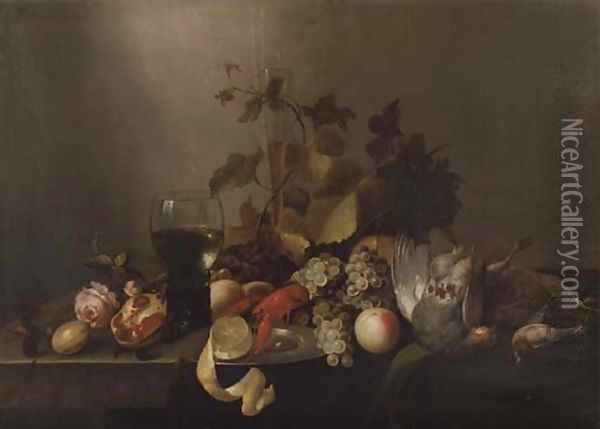 A rose, a pomegranate, a glass flute, grapes, a partly peeled lemon on a silver plate, a roemer, a lobster, peaches, a pheasant and other birds Oil Painting - Michiel Simons