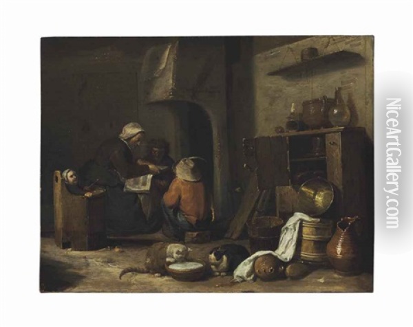 A Kitchen Interior With A Mother Reading To Children Gathered Around A Hearth Oil Painting - Cornelis Saftleven
