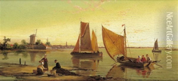 Fischer Am Kanal (+ Another Similar; Pair) Oil Painting - William Raymond Dommersen