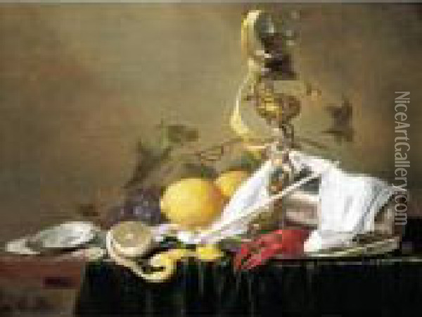 Still Life Of A Wine-glass On A 
Parcel-gilt Stand, An Overturned Silver Beaker And A Lobster On A Pewter
 Plate, Together With A Clay Pipe, Lemons, Grapes, Shrimps And Oysters, 
All Arranged Upon A Table-top Draped With A Green Cloth Oil Painting - Jan Davidsz De Heem