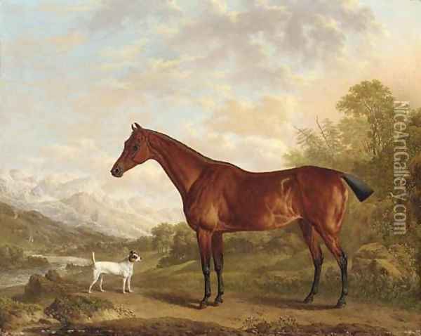 A bay hunter and terrier in a mountainous wooded landscape, a town and river beyond Oil Painting - Charles Towne