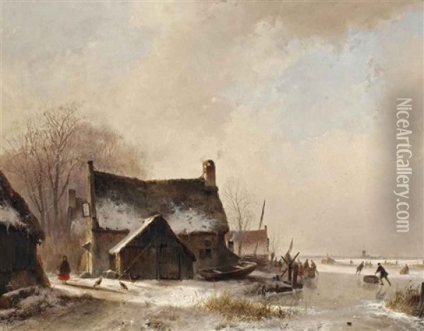A Farm House Near A Frozen Waterway With Figures Skating Oil Painting - Andreas Schelfhout