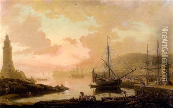 Navires Dans Un Port Avec Phare Oil Painting - Charles Francois Lacroix