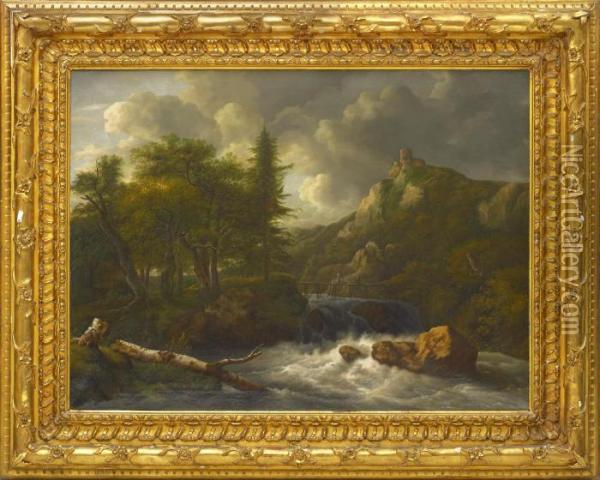 Romantiskt Bergslandskap Med Fors Och Figurer Oil Painting - Jacob Van Ruisdael