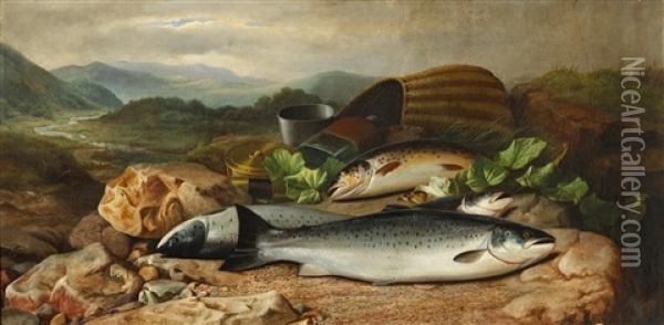 The Day's Catch, With Basket, Reel And Flask On A River Bank Oil Painting - John Bucknell Russell