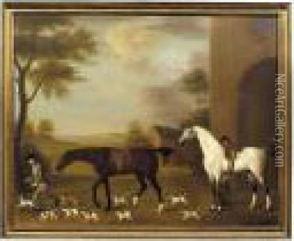 Two Hunters With Their Grooms Accompanied By Hounds Oil Painting - Thomas Stringer