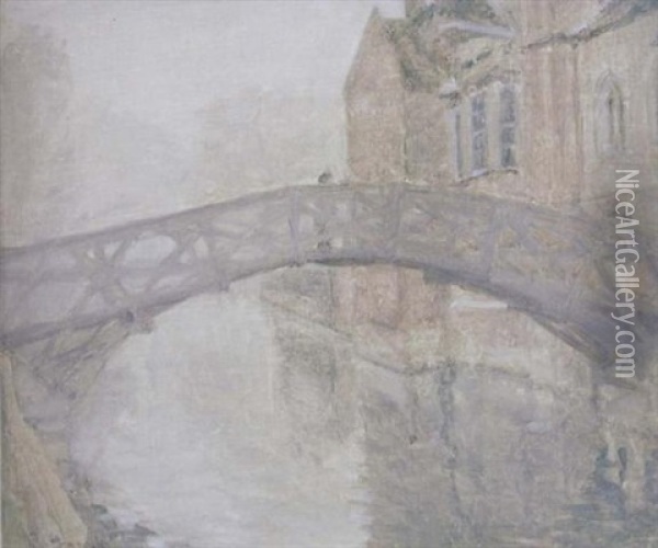 Misty Morning On The Cam: The Mathematical Bridge, Queen's College, Cambridge Oil Painting - Ralph Peacock