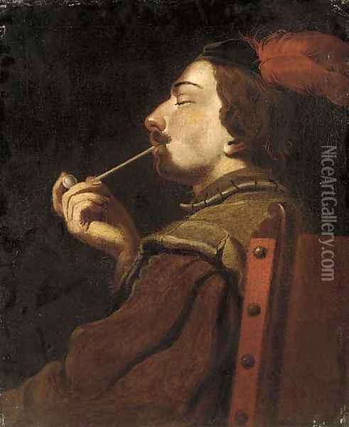 A man smoking a pipe Oil Painting - English School