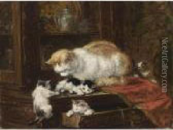 A Watchful Mother With Playing Kittens Oil Painting - Henriette Ronner-Knip