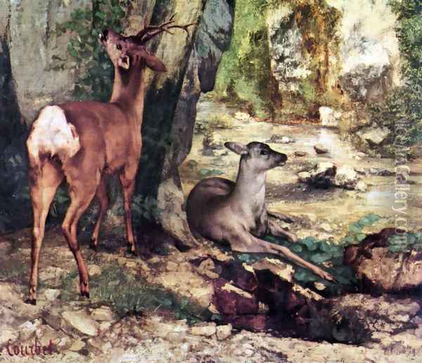 A Thicket of Deer at the Stream of Plaisir-Fountaine, Detail Oil Painting - Gustave Courbet