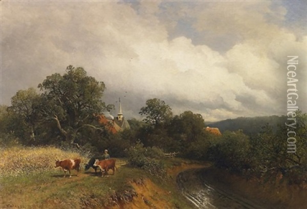 Viehhirtin Vor Einem Kirchdorf Oil Painting - Heinrich Deiters
