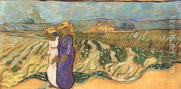 Two Women Crossing The Fields Oil Painting - Vincent Van Gogh