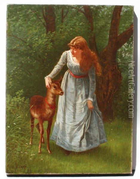 Young Woman With Deer Oil Painting - Samuel S. Carr