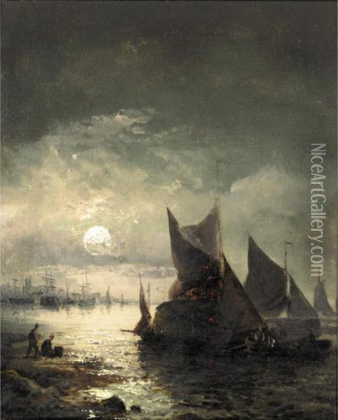 Boats In Moonlight Oil Painting - William Georges Thornley