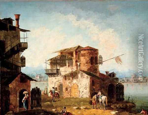A capriccio with rustic houses and figures on horseback Oil Painting - Michele Marieschi