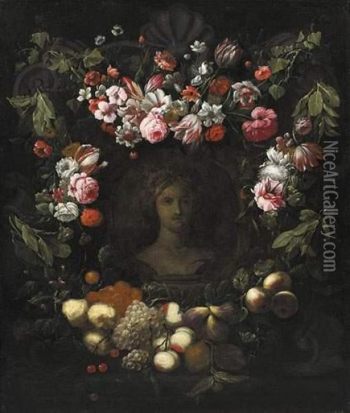 Couronne De Fleurs Et De Fruits. Oil Painting - Frans Ykens