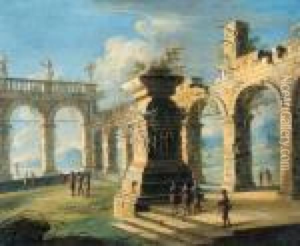 An Architectural Capriccio With Classical Ruins And Figures Oil Painting - Gennaro Greco, Il Mascacotta
