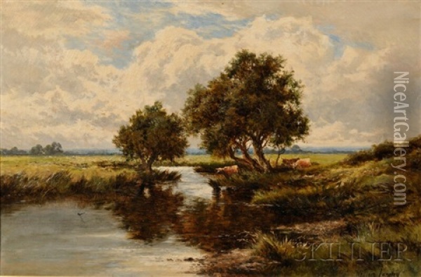Cows Watering At A Stream Oil Painting - William Langley