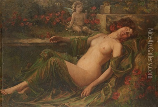 Jeune Femme Nue Endormie Dans Les Coquelicots Oil Painting - John William Schofield