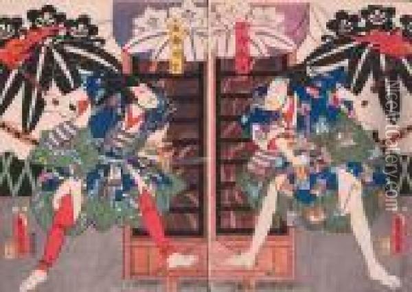 Walczacy Samuraje - Scena Z Teatru Kabuki Oil Painting - Kunisada