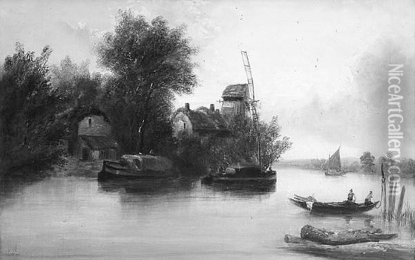 Estuary Scene With Boats And Windmill Oil Painting - Edward Charles Williams