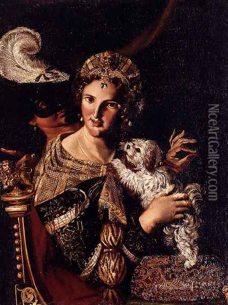 A Lady With Her Dog, An Allegory Oil Painting - Angelo Caroselli