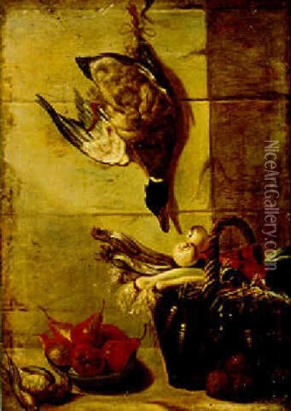 Still Life Of Game, Fruit And Vegetables By A Wall Oil Painting - Jean-Baptiste Oudry