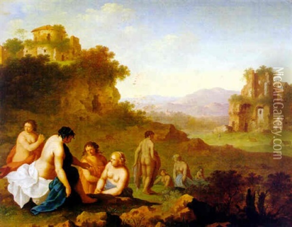 Bathers In An Italianate Landscape With Ruins Oil Painting - Cornelis Van Poelenburgh