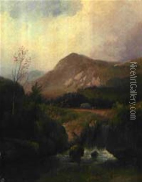 Landschaft Mit Reisendem Wildbach Und Planwagen Oil Painting - Andreas Schelfhout