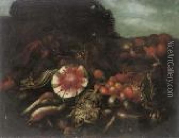 A Watermelon, Cabbages, 
Radishes, Peaches And Other Fruits And Vegetables, In A Landscape Oil Painting - Abraham Brueghel