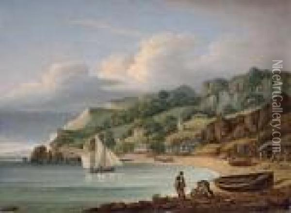 View Of Babbacombe Beach, South Devon, With Fishermen On The Beach Oil Painting - Thomas Luny