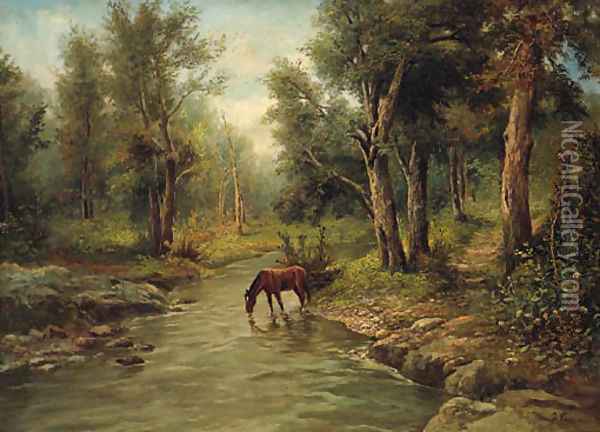 A Horse watering in a wooded River Landscape Oil Painting - Frederico Capuano