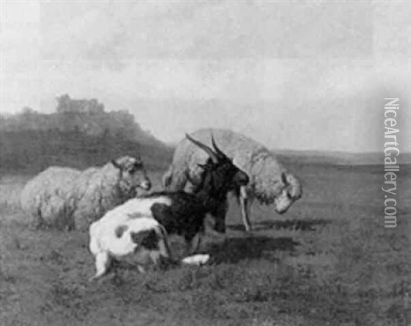 A Goat And Sheep In A Pasture, A Ruined Castle On A Hill Top Beyond Oil Painting - Louis Robbe