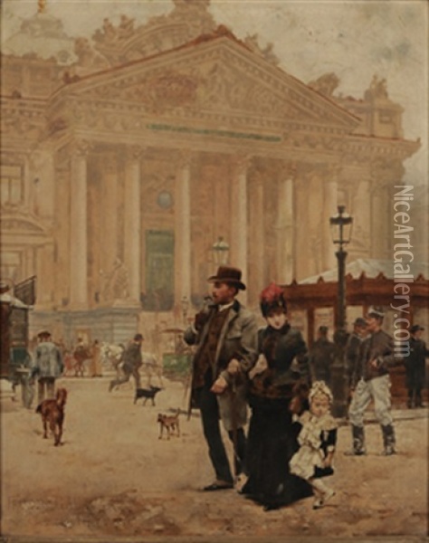 Strolling In Front Of The Theatre Royal De La Monnaie, Brussels Oil Painting - Francois Gaillard
