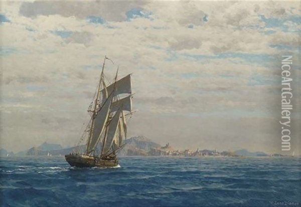 Segelboot Vor Sudlicher Kustenlandschaft Oil Painting - Michael Zeno Diemer