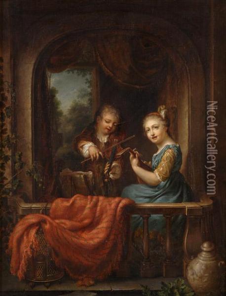 Musizierendes Geschwisterpaar. Oil Painting - Philip Le Petit Van Dyk