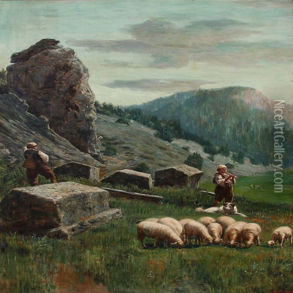 Shepherds In The Mountains With Their Sheep Oil Painting - Spiro Bocarie