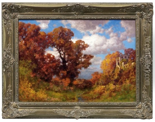 Herbstliche Berglandschaft Mit Villa Oil Painting - Traugott Hermann Ruedisuehli