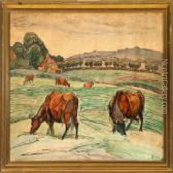Scenery With Grazingcows Oil Painting - Fritz Syberg